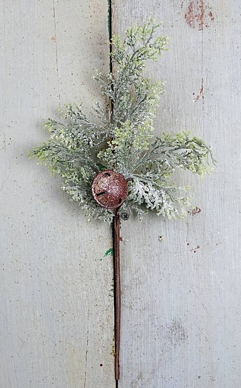Vintage Glitter Pine With Bells Stem 15"